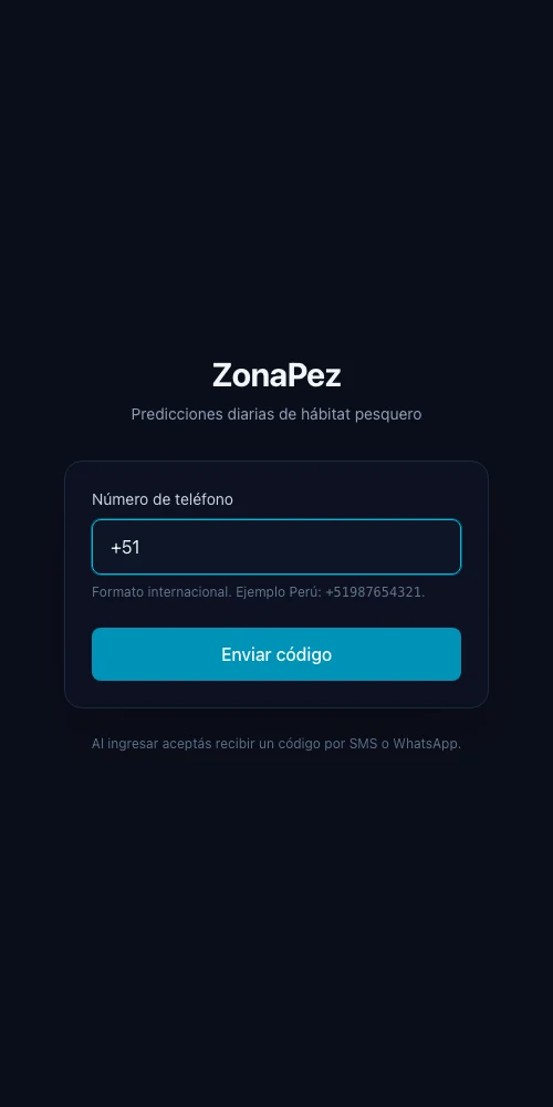 Login de app.zonapez.com con número de WhatsApp