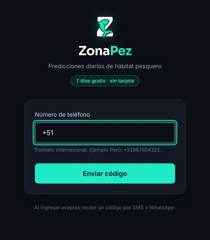 Pantalla real de ingreso a app.zonapez.com: entras con tu número de teléfono y ves el aviso de 7 días gratis sin tarjeta